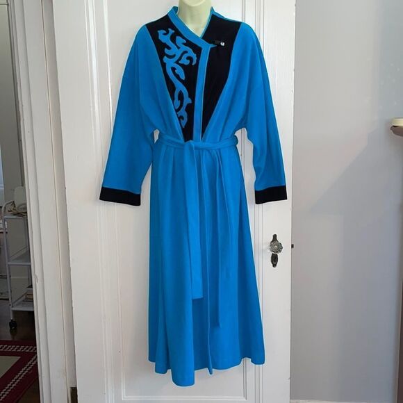 Vtg 60s/70s Vtg Vanity Fair turquoise & black fleece robe - Picture 1 of 7